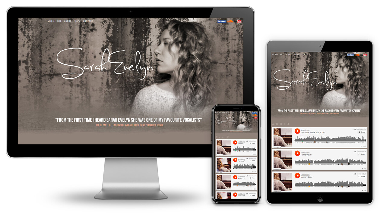 Sarah Evelyn Custom Made Website Design 
 Design of a custom-made, single page website for Sarah Evelyn, Singer / Songwriter to advertise her music to a wider audience 
 Keywords: Song, Writer, Sing, Performer, Web, Designer, iMac, Online, Mobile Phone, iPad, Internet, Pianist, Piano, Listen, Beige, Soundcloud