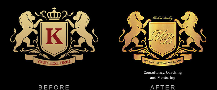 Mike Brading Logo Polish Update Redesign 
 Updated, redesign of the Mike Brading crest logo 
 Keywords: Texturizing, Gold, Polish, New, Designer, Improve, Brand, Lions, Shield, 3D