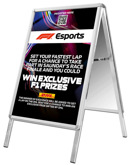 Formula 1 A-Board Design 3 
 Design of an A-Board sign for Formula 1 to advertise to Fanzone guests to enter into the Esports' gaming competition 
 Keywords: F1, Signage, Pavement, Outdoor, A-Frame, Sandwich, Designer, Graphics, Artwork, Information, Back, Playseat, Race