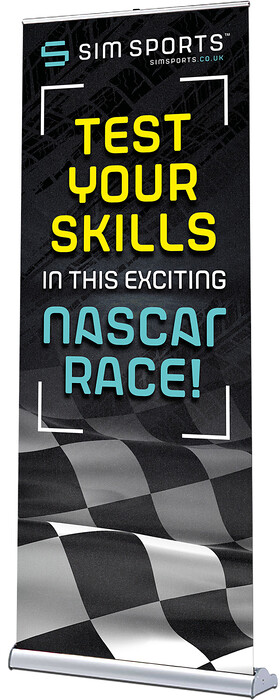Sim Sports Pop Up Roller Banner Design 
 Design of a pop-up roller banner for Sim Sports to advertise participant to play on an Nascar racing game activation 
 Keywords: Ad, Yellow, Chequered Flag, Advert, Motor, Artwork, Graphics, Printed, Print, Black, Turquoise, Car