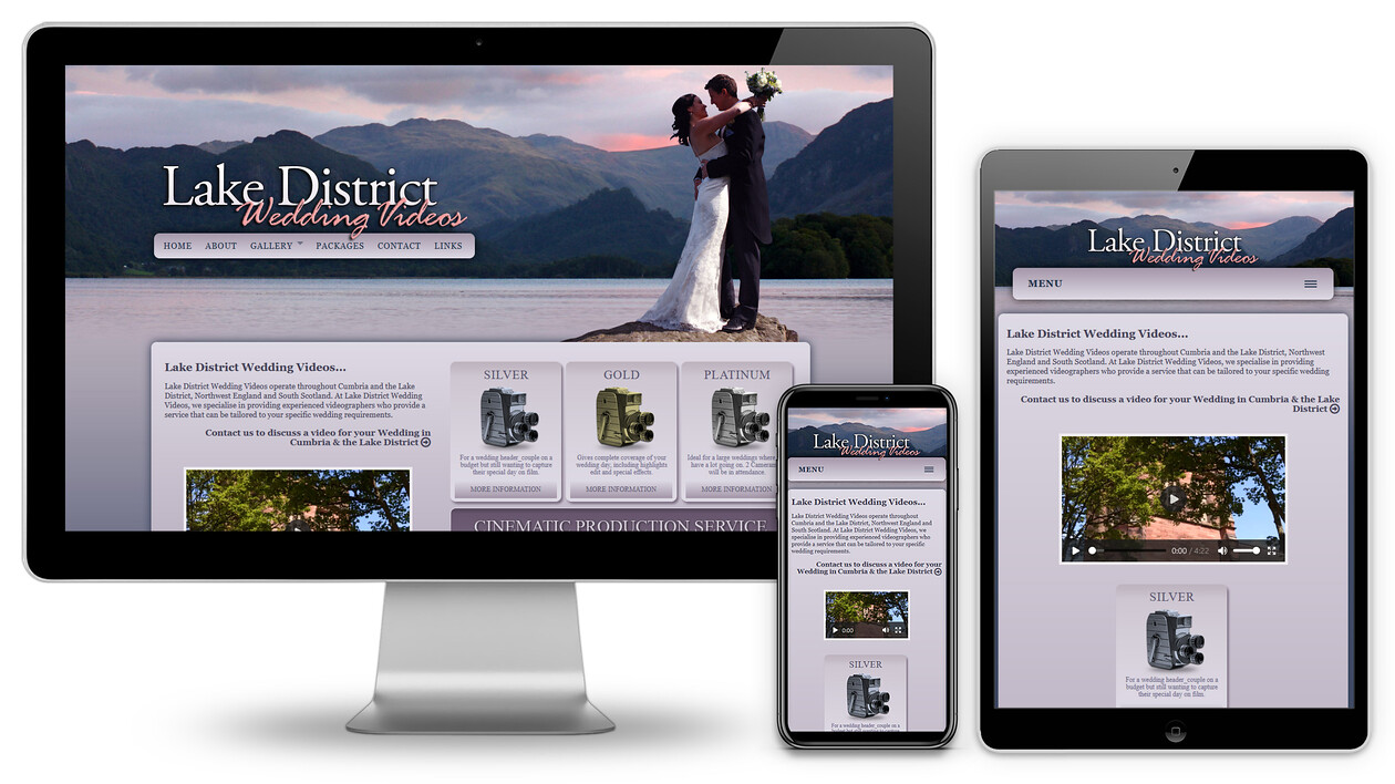 Lake District Wedding Videos Custom Made Website Design 
 Design of a custom-made website for Lake district Wedding Videos to advertise their videography services to new customers, hosting their weddings in the Lake District and Cumbria 
 Keywords: Videos, Internet, Videographer, Online, Web, Designer, Film, Maker, iMac, Mobile Phone, iPad, Ad, Advert, Marketing, DVD, Pink, Purple