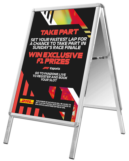Formula 1 A-Board Sign Design 1 
 Design of an A-Board sign for Formula 1 to advertise to Fanzone guests to enter into the Esports gaming competition 
 Keywords: F1, Signage, Pavement, Outdoor, A-Frame, Sandwich, Designer, Graphics, Artwork, Information