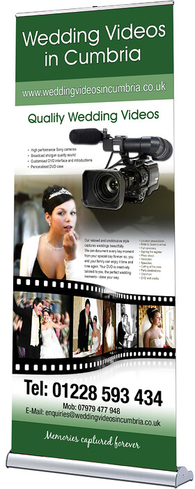 Wedding Videos Cumbria Pop Up Roller Banner Design 
 Design of a pop-up roller banner for Wedding Videos Cumbria to advertise their videography services to new customers hosting their service in The Lake District 
 Keywords: Green, Videography, Advert, Filmography, Film, Filming, Negative, Real, Filming, Video, Ad, Artwork, Graphics, Designer, Company