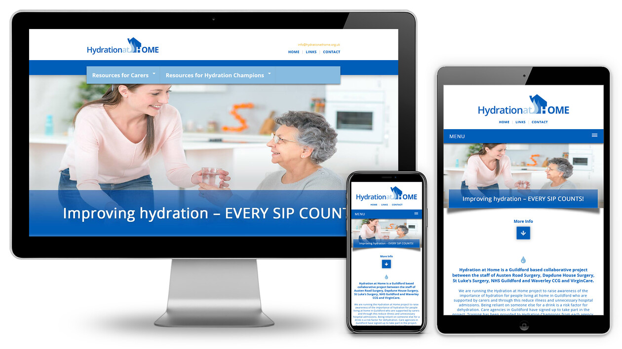 Hydration at Home Custom Made Website Design 
 Design of a custom-made website for the NHS, Hydration At Home, awareness campaign to advertise their health solutions to a wider audience 
 Keywords: Medical Services, Information, Internet, Web, Designer, iMac, Mobile Phone, iPad, Online, Ads, Advertise, Advert, Graphic, Blue, Old, Senior, Care, Hospital
