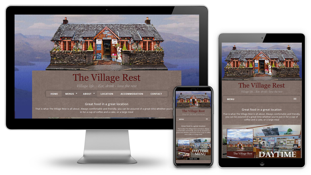 The Village Rest Custom Made Website Design 
 Design of a custom-made website for The Village Rest, Caf & Bistro to advertise their products and services to new customers, visitors and residents in the Loch Lomond area 
 Keywords: Restaurant, Pub, Web, Designer, iMac, Internet, Mobile, Food, Drink, Phone, iPad, Online, Cottage, Luss, Scotland, Beige, Blue, Menu