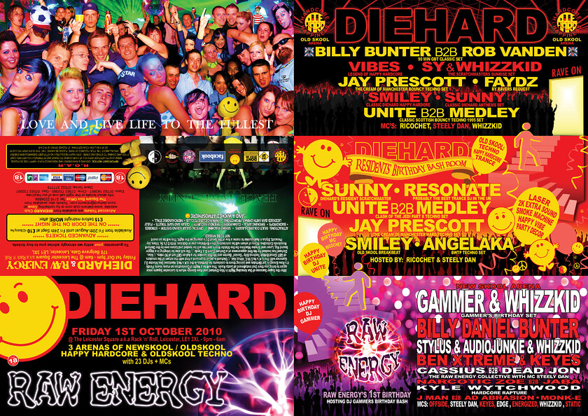 Diehard Vs Raw Energy Event Flyer 2 DL Pamphlet Design 
 Design of a DL Pamphlet, Dance Music Event Flyer for Diehard Vs Raw Energy 
 Keywords: Smiley, Face, Designer, Graphics, Print, Printed, Rave, Roll Fold, Black, Yellow, Red, Landscape