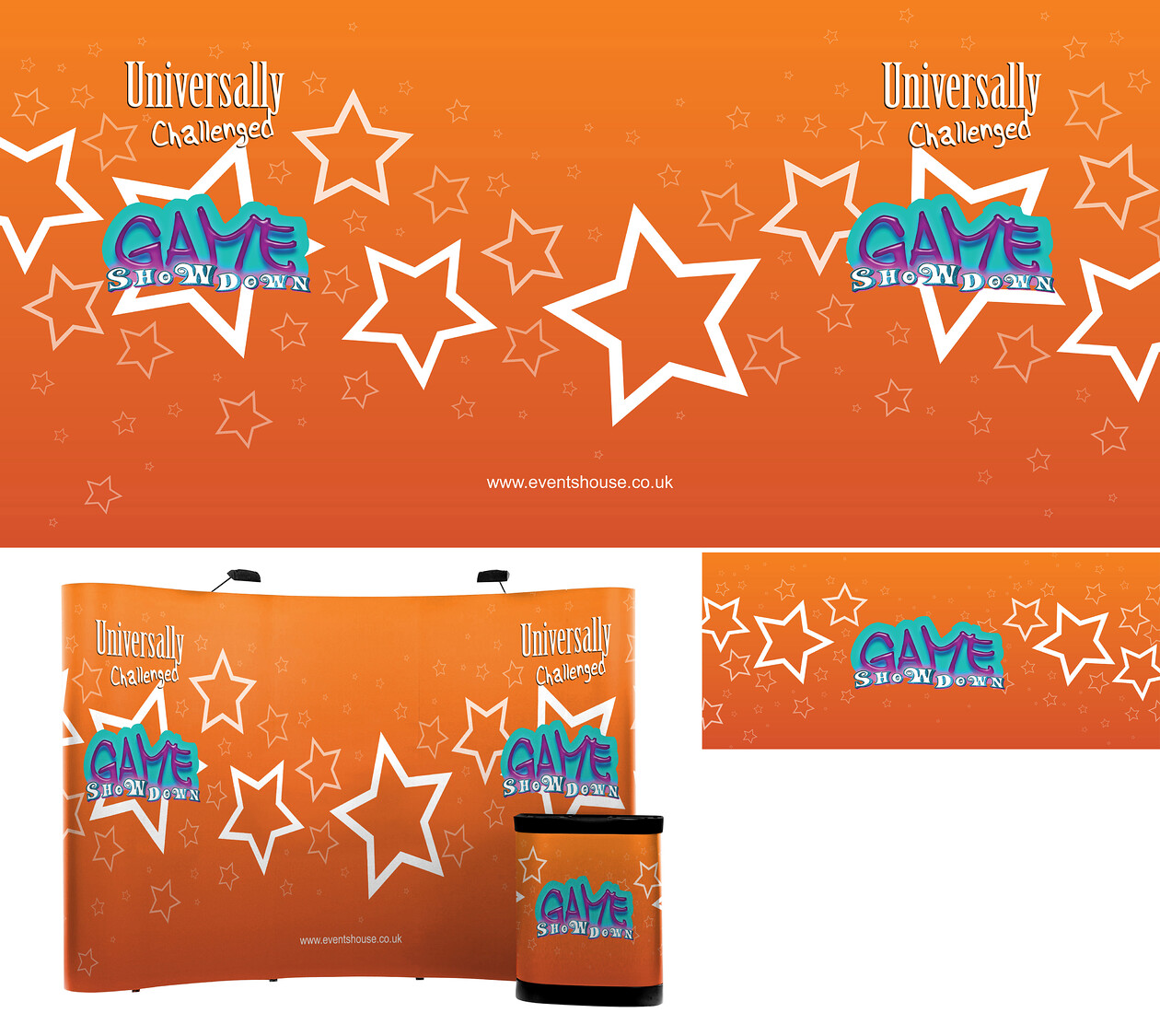 The Events House Pop Up Gameshow Pop-Up Display Design 
 Design of a mock-up and artwork setup of a pop-up, 3x5m, Curved Evolution Display and Rounded Transit Case for the Events House, Universally Challenged game show event 
 Keywords: Gameshow, Stage, Set, Designer, Large, Format, Vector, Big, Orange, Stars, Portable