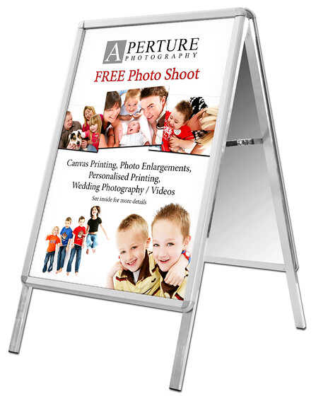 Aperture Photography A-Board Design 
 Design of an A-Board sign for Aperture Photography to advertise a free photo shoot offer, products and services to new customers 
 Keywords: Shop, Signage, Sandwich, Pavement, Outdoor, A-Frame, Graphics, Artwork