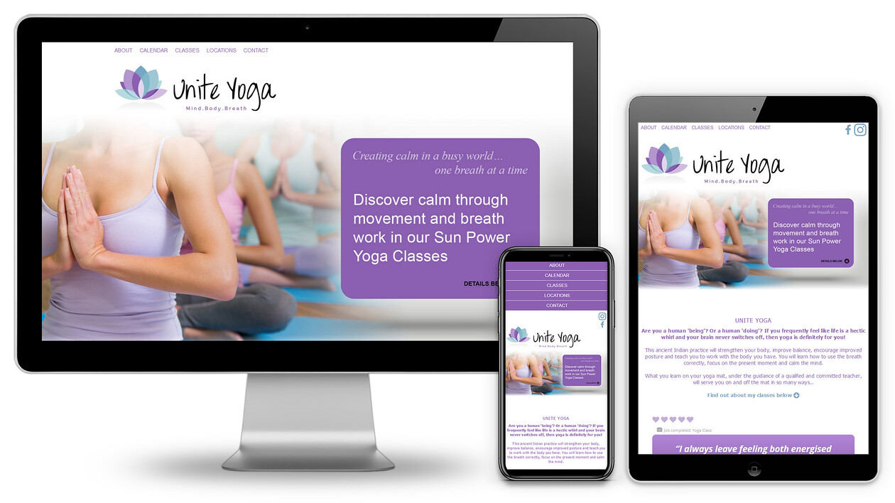 Unite Yoga Custom Made Website Design 
 Design of a custom-made website for Unite Yoga to advertise their classes to new customers in the local area 
 Keywords: Web, Designer, iMac, Group, Online, Sell, Internet, Mobile Phone, iPad, Graphics, Mobile Phone, Purple