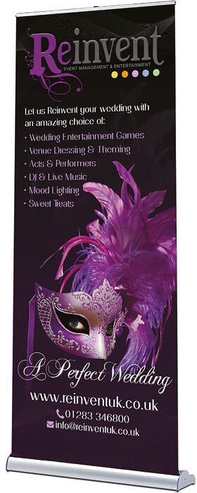 ReInvent Pop Up Roller Banner Design 
 Design of a pop-up roller banner for ReInvent Event Management to advertise their wedding services to new customers 
 Keywords: Face, Mask, Purple, Graphics, List, Printed, Print, Artwork, Designer, Stand, Purple