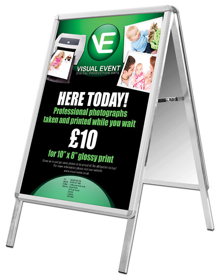 Visual Event A-Board Sign Design 
 Design of an A-board sign for Visual Event to advertise digital services for events to new customers 
 Keywords: Shop, Signage, Green, Pavement, Outdoor, A-Frame, Sandwich Boards, Designer, Graphics, Artwork, Photo Sales, Printer