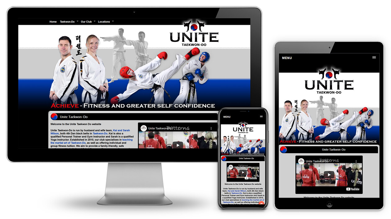 Unite Taekwan Do Custom Made Website Design 
 Design of a custom-made website for Unite Taekwan-Do to advertise their martial arts classes to new customers in the local area 
 Keywords: Club, Web, Designer, iMac, Classes, Online, Mobile Phone, iPad, Group, Fitness, Kick, Kickboxing, Internet, Marketing, Blue, Black, Grey