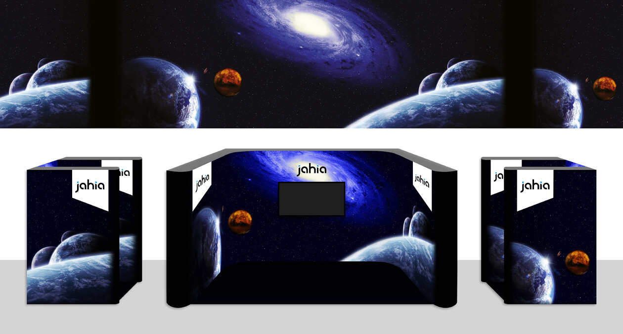 Jahia Space VR Set Pop-Up Design 
 Design of a mock-up and artwork setup of a pop-up display set for Jahia's virtual reality, VR space simulation activation 
 Keywords: Virtual Reality, Galaxy, Gaming, Planets, Artwork, Large, Format, Big, Printing, Print, Printed, Graphics, Surround