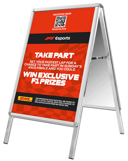 Formula 1 A-Board Design 2 
 Design of an A-Board sign for Formula 1 to advertise to Fanzone guests to enter into the Esports gaming competition 
 Keywords: F1, Signage, Pavement, Outdoor, A-Frame, Sandwich, Designer, Graphics, Artwork, Information, Red