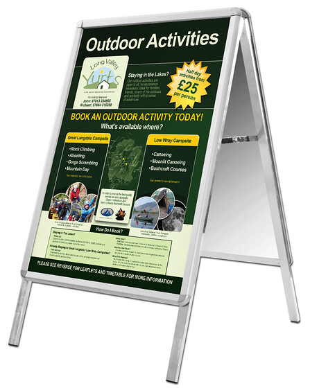 Long Valley Yurts A-Board Sign Design 
 Design of an A-Board sign for Long Valley Yurts to advertise their outdoor activity excursions to their guests and visitors to the Lake District, Cumbria 
 Keywords: Shop, Signage, Pavement, A-Frame, Sandwich, Designer, Graphics, Artwork, Activities, Products, Green