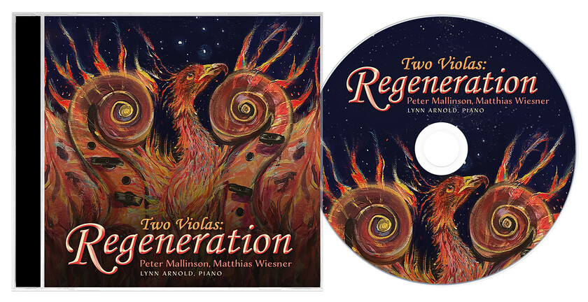 Two Violas Regeneration CD Cover Design. 
 Design of a CD Cover for Peter Mallinson and Mathew Wiesner - Two Violas, Reaeration 
 Keywords: Phoenix, Print, Painting, Printed, Fire, Designer, Artwork, Case, Classical, Musician, Flames, Stars, Blue