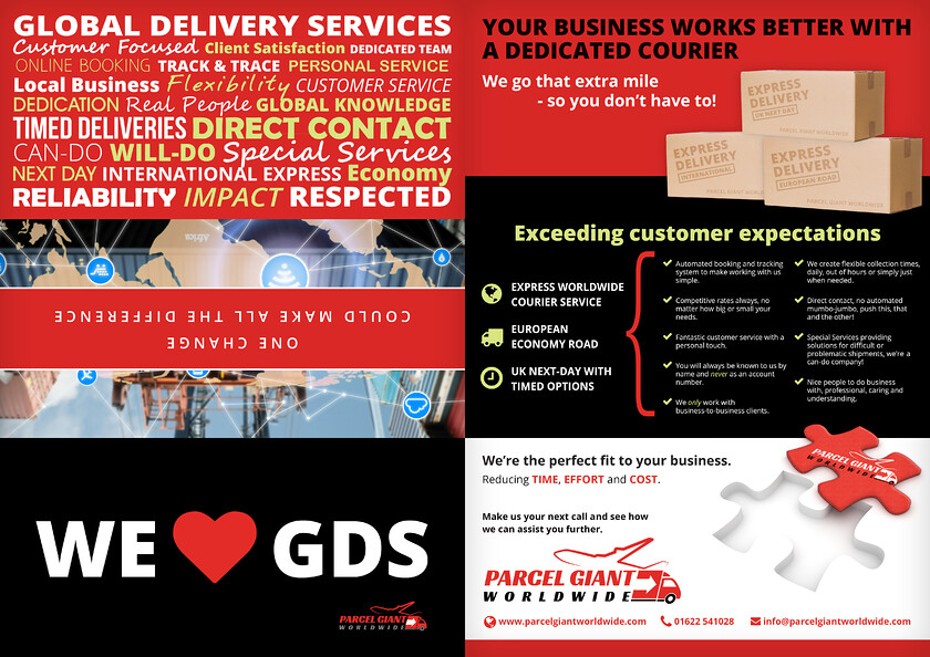 Parcel Giant Worldwide Mini Brochure DL Pamphlet 1 Design 
 Design of a DL Pamphlet, Mini Brochure for Parcel Giant Worldwide to illustrate their specialist, Business to Business courier services 
 Keywords: Red, Print, Roll Fold, Black, Printed, Graphic, Artwork