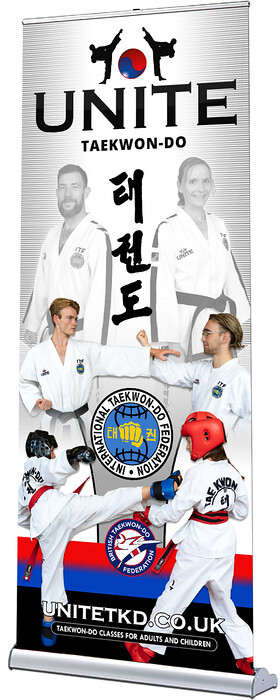 Unite Taekwan-do Pop Up Roller Banner Design 0006 
 Design of a pop-up roller banner for Unite, Taekwan-do to advertise their martial arts classes to new customers 
 Keywords: Print, Martial Arts, Kick, Fighting, Advert, Printed, Artwork, Classes, Club, Ad