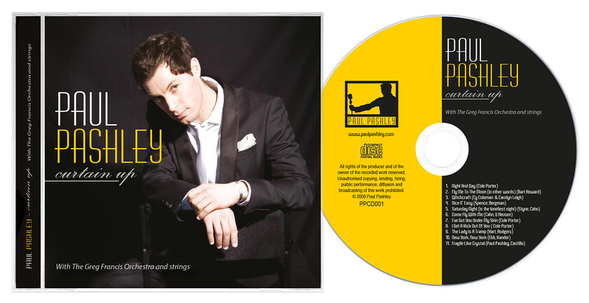 Paul Pashley CD Cover Design 
 Design of a CD Cover for Paul Pashley - Curtain Up 
 Keywords: Yellow, Black, Man, Print, Printed, Cassette, Singer, Crooner, Performer, Designer, Artwork, Case