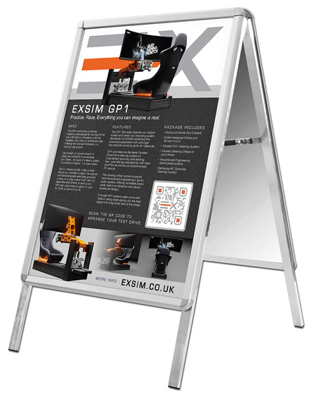 Exsim GP1 A-Board Sign Design 
 Design of an A-Board sign for Exsim to advertise their new GP1 simulator to visiting customers at a showcase event 
 Keywords: Shop, Signage, Pavement, Outdoor, A-Frame, Sandwich Boards, Designer, Graphics, Artwork, Gaming, Exhibition