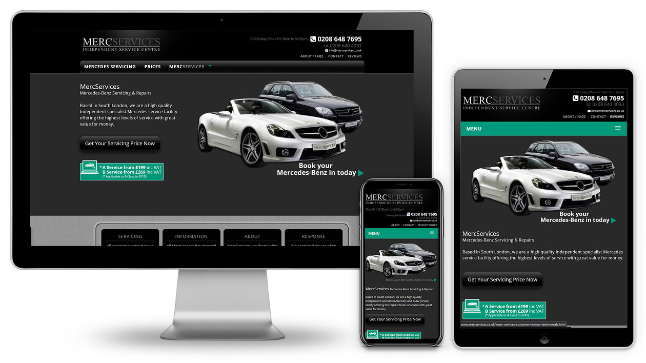 Merc Services Custom Made Website Design 
 Design of a custom-made website for MercServices to advertise their MOT and servicing of Mercedes-Benz vehicles to new customers, commuters and residents to the Mitcham and South London area 
 Keywords: Mechanics, Vehicle, Internet, Web, Designer, Black, Grey, iMac, Mobile Phone, iPad, Advert, Repair, Motor, Automotive, Car, Online, Ad, Advertising, Marketing, Shop, Graphic