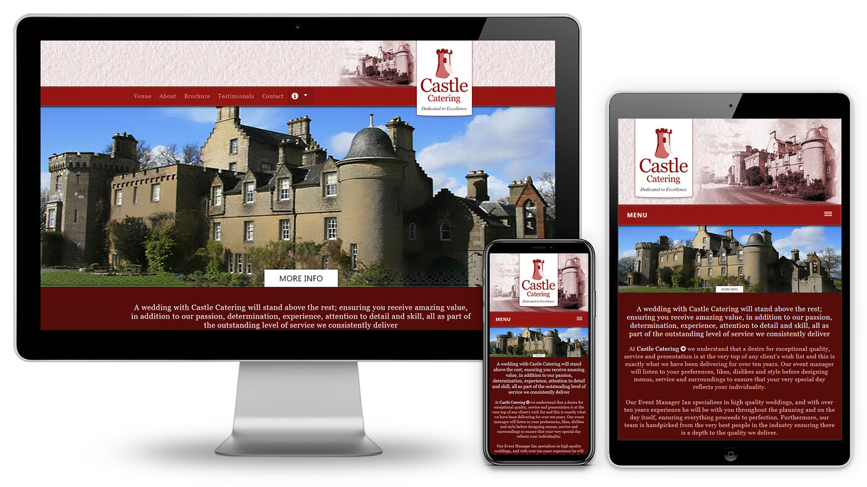 Castle Catering Custom Made Website Design 
 Design of a custom-made website for Castle Catering to advertise their gourmet food and outside catering services to wedding parties of Boturich Castle, Loch Lomond, Scotland 
 Keywords: Web, Designer, Graphics, Online, Advertise, Internet, Red, iMac, Mobile Phone, iPad