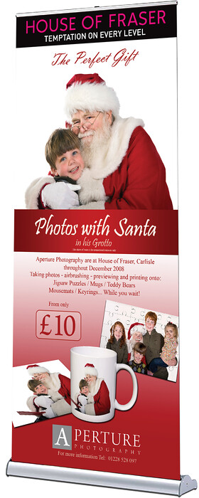 House of Fraser Santa Pop Up Roller Banner Design 
 Design of a pop-up roller banner for House of Fraser to advertise a photo shoot with Santa 
 Keywords: Father, Christmas, Print, Printed, Free-Standing, Child, Meet, Artwork, Designer, Photo, Shoot, Mug, Puzzle, Gift, Graphics, Print, Printed, Xmas, Offer, Ad, Advert