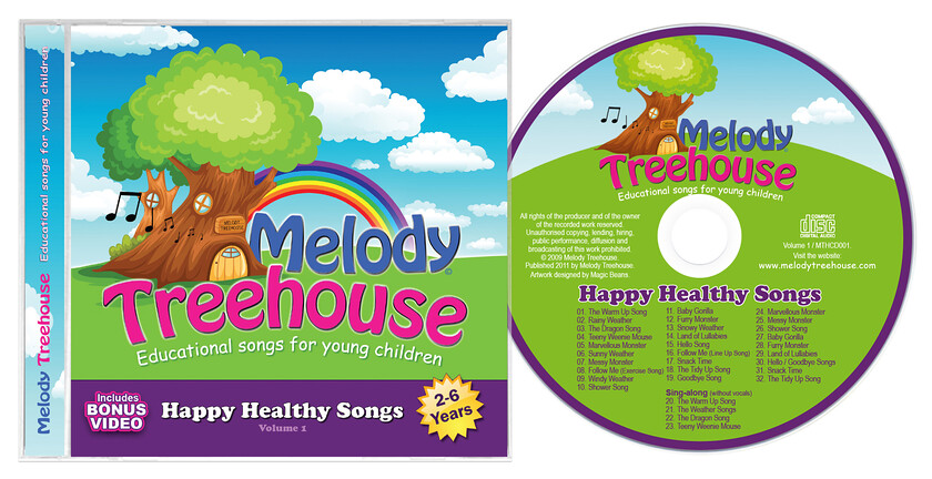 Melody Treehouse CD Cover Design 
 Design of a CD Cover for Melody Treehouse - Educational songs for young children 
 Keywords: Purple, Green, Tree, Cartoon, Blue, Print, Printed, Cassette, Product, Designer, Artwork, Case