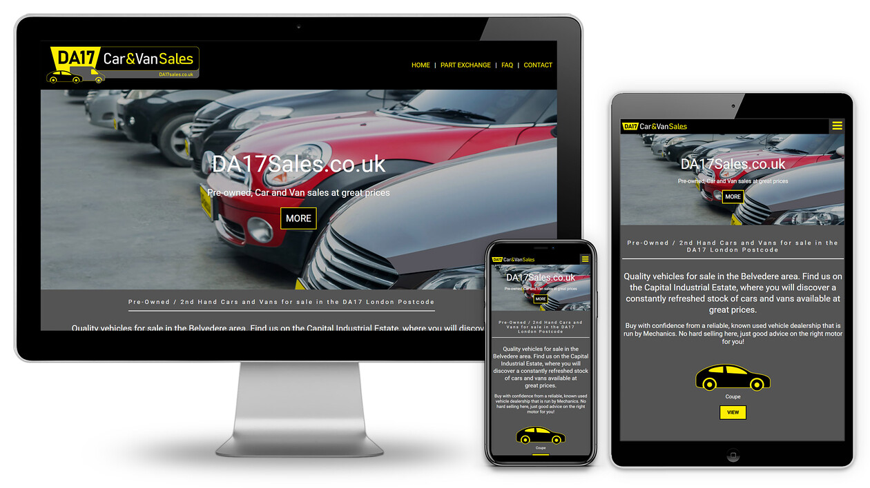 DA17 Car and Van Sales Content Managed Website Design 
 Design of a content managed website for DA17 Car and Van Sales to advertise their products to a greater audience in the London area and beyond 
 Keywords: CMS, Vehicle, Selling, Web, Designer, Auction, Motor, Ad, Market, Advert, Internet, Online, Second-hand, Belvedere, East, Black, Graphic, Mobile Friendly, iMac, Mobile Phone, iPad