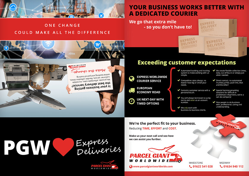 Parcel Giant Worldwide Mini Brochure DL Pamphlet 2 Design 
 Design of a DL Pamphlet, Mini Brochure for Parcel Giant Worldwide to illustrate their specialist, Business to Business courier services 
 Keywords: Red, Print, Roll Fold, Black, Printed, Graphic, Artwork