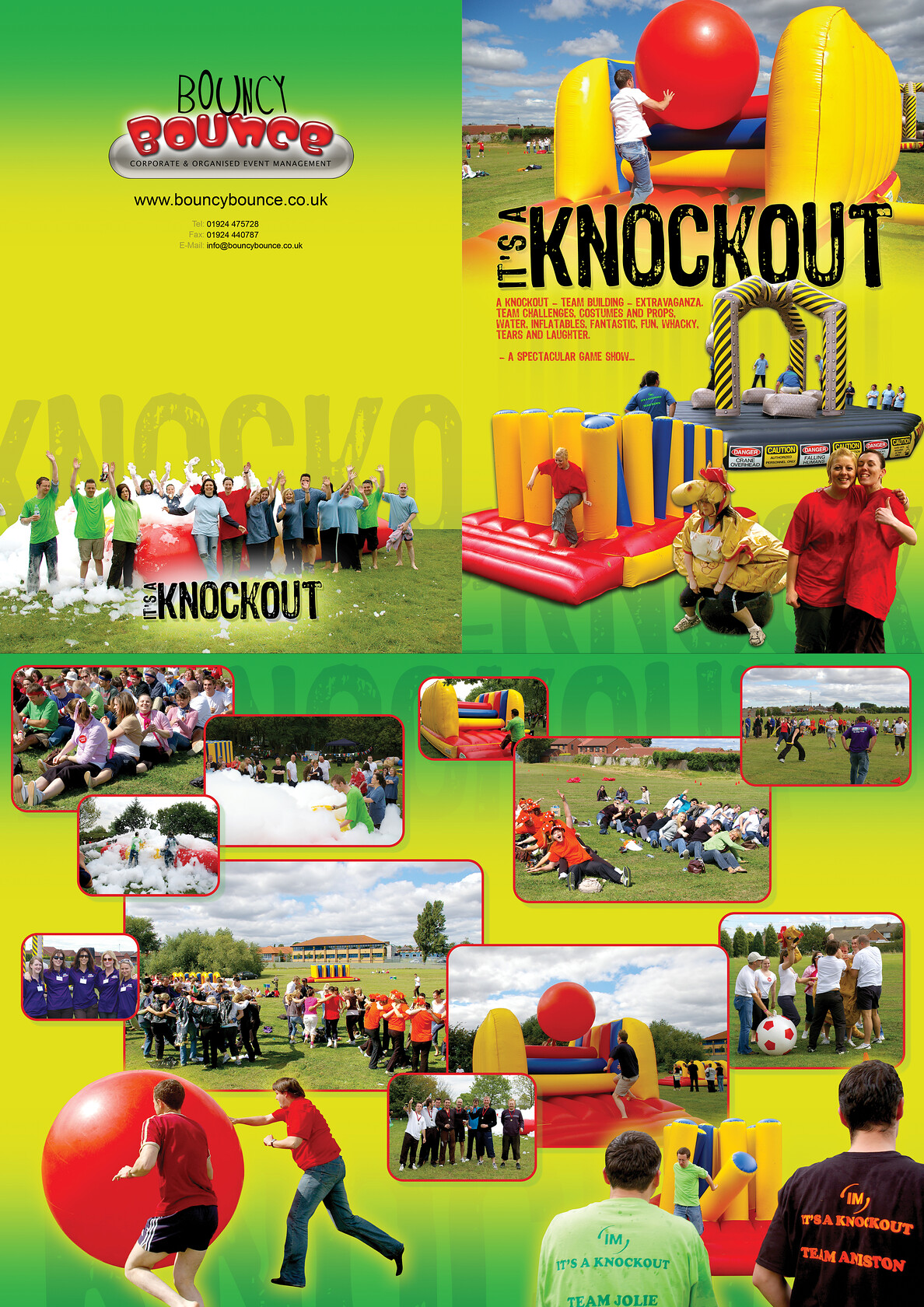 Bouncy Bounce Presentation Folder Design 
 Design of a presentation folder for Bouncy Bounce - Corporate and Organised Events 
 Keywords: Yellow, Green, Capacity, Graphics, Artwork, Designer, A4, Print, Printed, Card, Wallet, It's A Knockout, Document