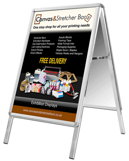 Canvas and Stretcher Bars A-Board Sign Design 
 Design of an A-Board sign for Canvas & Stretcher Bars to advertise their arts and crafts products to new customers at exhibitions 
 Keywords: Adverts, Shop, Pavement, Outdoor, A-Frame, Sandwich, Graphics, Artwork, Black, Cream