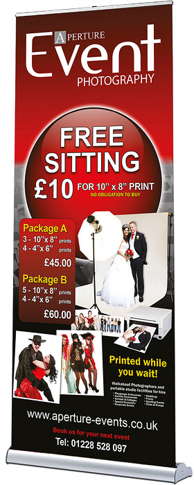 Event Photography Pop Up Roller Banner Design 1 
 Design of a pop-up roller banner for Event Photography to advertise a photo shoot at an event to the guests 
 Keywords: Advert, Advertising, Designer, Graphic, Red, Free, Print, Printed, Offer, Promote, Ad, Artwork, Graphics, Free-Standing