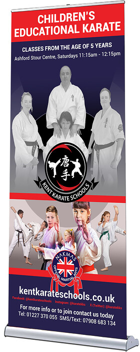 Kent Karate Schools Pop Up Roller Banner Design 
 Design of a pop-up roller banner for Kent Karate School to advertise Children's Educational Karate classes 
 Keywords: Print, Red, Martial Arts, Blue, Fighting, Advert, Printed, Artwork