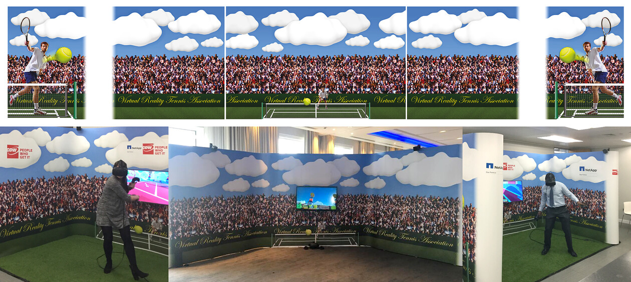 Netapp Tennis VR Gaming Set Pop-Up Display Design 
 Design and artwork setup of a pop-up display surround for Netapp, virtual reality, tennis simulation gaming activation 
 Keywords: Event, VR, Set, Designer, Large, Format, Vector, Big, Wimbledon, Queens, Printing, Print, Printed, Theme, Theming, Graphics, Clouds, Sports