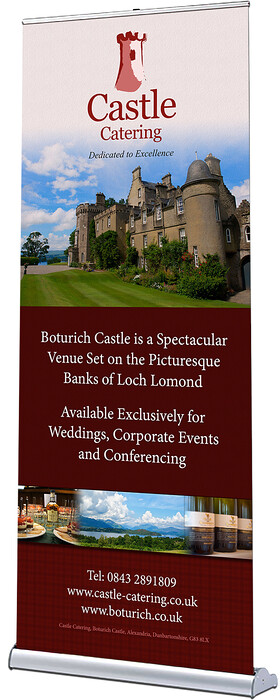 Castle Catering Pop Up Roller Banner Design 
 Design of a pop-up roller banner for Castle Catering to advertise their wedding catering services to new customers of Boturich Castle, Loch Lomond 
 Keywords: Advertising, Printed, Artwork, Free-Standing, Designer, Outside Caterers, Graphic, Tartan, Print, Full Colour, Ad, Advert, Burgundy, Promote, Wedding, Dinning, Reception