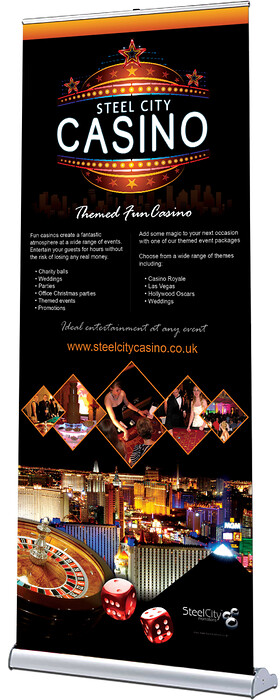 Steel City Casino Pop Up Roller Banner Design 1 
 Design of a pop-up roller banner for Steel City Casino to advertise their fun casino services to new customers 
 Keywords: Advert, Print, List, Designer, Ad, Printed, Dice, Roulette, Advertise, Stand, Business, info
