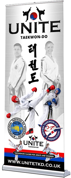 Unite Taekwan-do Pop Up Roller Banner Design 1 
 Design of a pop-up roller banner for Unite, Taekwan-do to advertise their martial arts classes to new customers 
 Keywords: Print, Martial Arts, Kick, Fighting, Advert, Printed, Artwork, Classes, Club, Ad