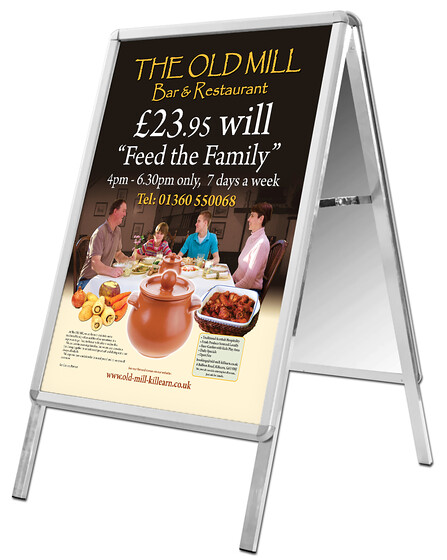 The Old Mill Family Dinning A-Board Sign Design 
 Design of an A-board sign for The Old Mill, Bar & Restaurant to advertise their family dinning offer to new customers 
 Keywords: Shop, Signage, Pavement, Outdoor, A-Frame, Sandwich Boards, Designer, Graphics, Artwork, Menu, Advert