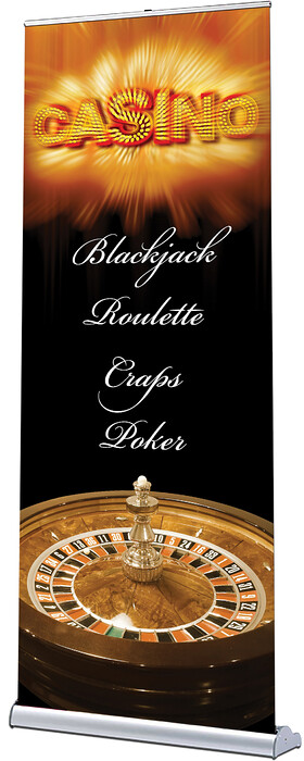 The Events House Pop Up Roller Banner Design 3 
 Design of a pop-up roller banner for the Events House to provide theming to their fun casino stalls at events 
 Keywords: Artwork, Print, Printed, Roulette, Blackjack, Craps, Poker, Wheel, Orange, Designer, Theme