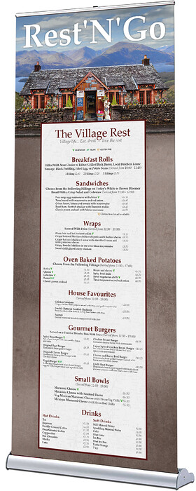 The Village Rest Menu Pop Up Roller Banner Design 
 Design and artwork setup of a free-standing, pop-up roller banner for The Village Rest, Bistro & Caf to advertise their Takeaway Window Service menu, the "Rest 'N' Go" to new customers 
 Keywords: House, Cottage, Outside, Tuck Shop, Luss, Loch, Lomond, Scotland, Large, Big, Outdoor, Sell, Sales, Selling
