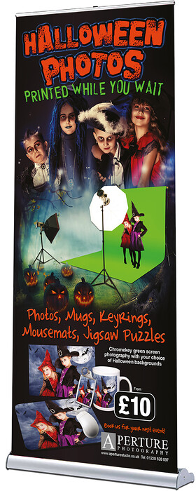 Aperture Photography Pop Up Roller Banner Design 2 
 Design of a pop-up roller banner for Aperture Photography to advertise a Halloween photo shoot to new customers 
 Keywords: Print, Green Screen, Hallows Eve, Witch, Free-Standing, Printed, Scary, Artwork, Witches, Mugs, Ad, Designer, Sell, Advert, Promotion, Printed, Vampire, Highwayman, Display