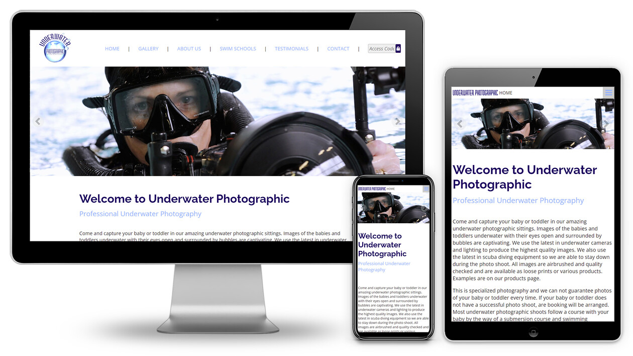 Underwater Photographic Content Managed Website Design 
 Design of a content managed website for Underwater Photographic to advertise their photography services to new customers in the North of England and beyond 
 Keywords: CMS, Web, Designer, Photographer, Water, Ad, Online, Internet, Photography, Services, Gallery, Sell, Images, Mobile Phone, iPad, iMac